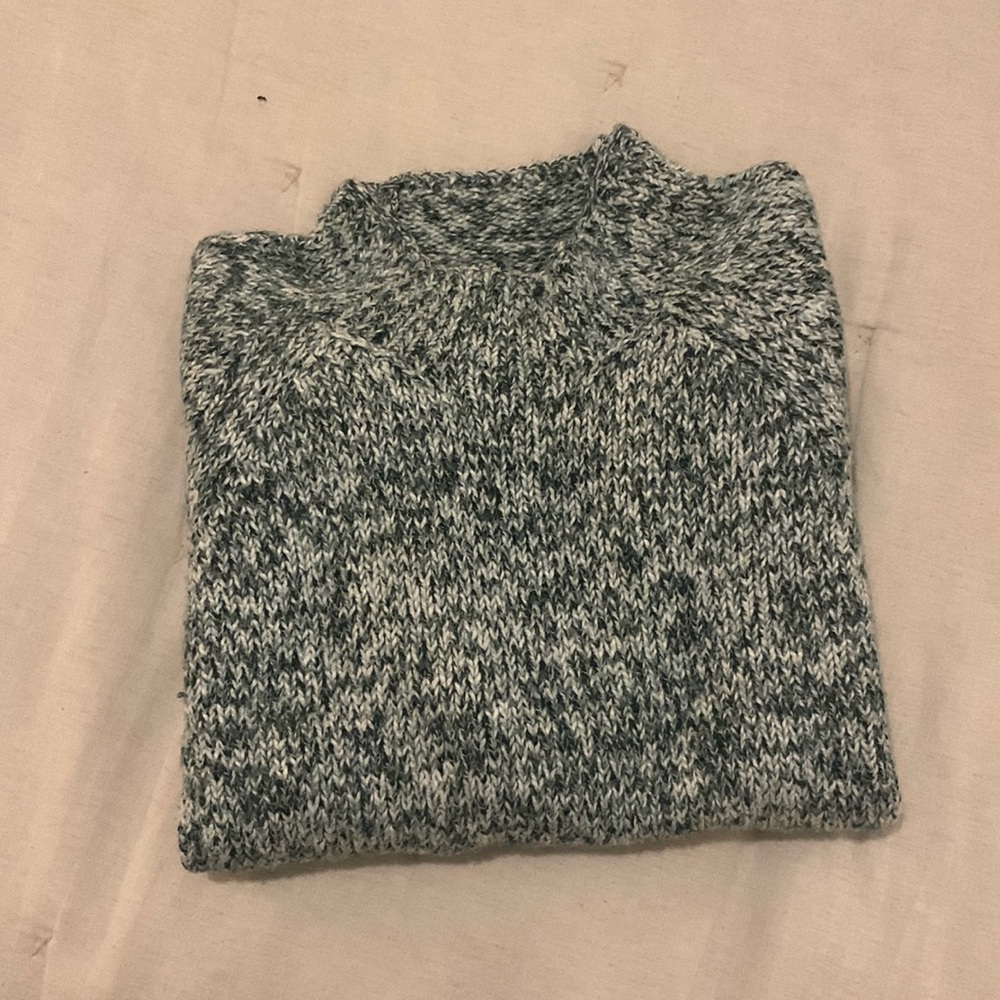 heathered green and white mock neck sweater
